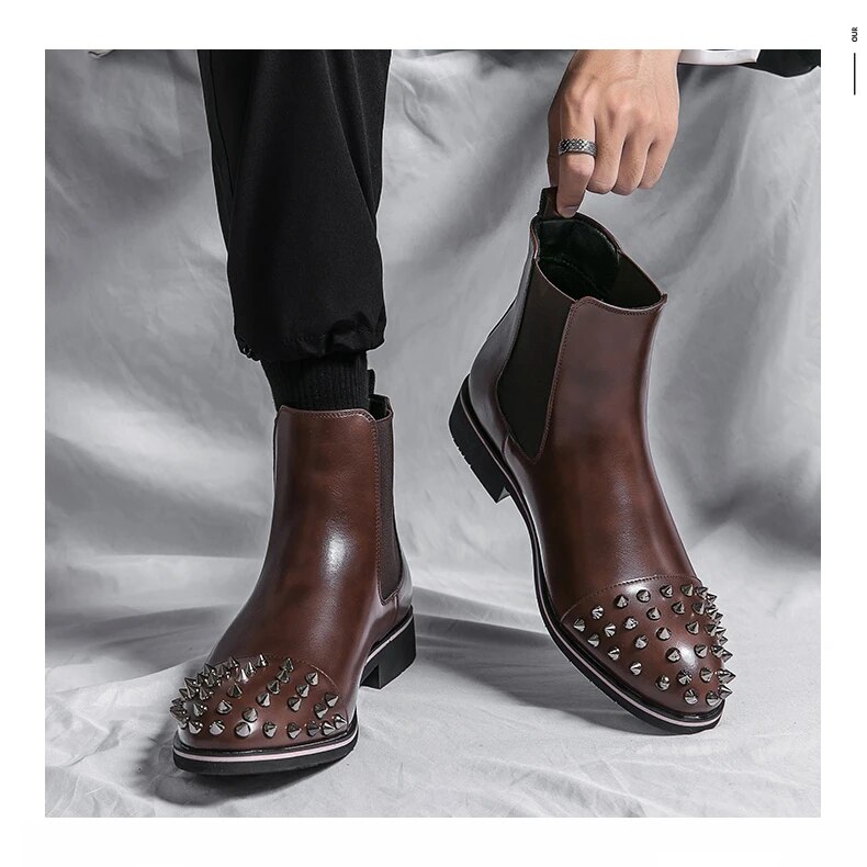 come4buy.com-Stylish and Non-Slip Black Chelsea Boots with Rivet Accents for Men