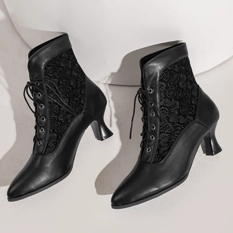 come4buy.com-Жіночі вікторіанські ботильйони, сучасні шкіряні мереживні черевики