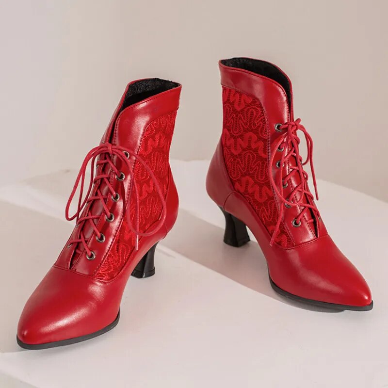 come4buy.com-Jinên Viktoriya Ankle Boots Leather Lace Modern Boots