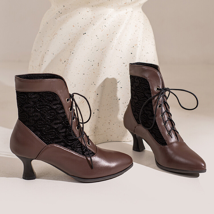 come4buy.com-Botines victorianos para mulleres Botas modernas de cordón de coiro