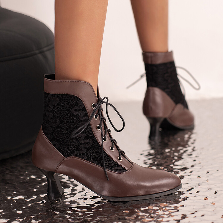 come4buy.com-Çizme viktoriane për kyçin e këmbës për femra Çizme moderne me dantella lëkure