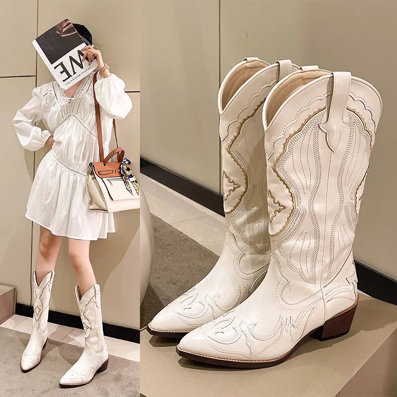 come4buy.com-女式白色民族風尖頭騎士靴