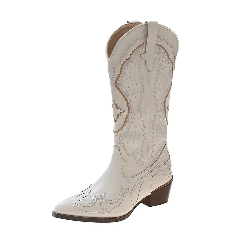 come4buy.com-White Ethnic Style Pointed Toe Knight Boots for Women