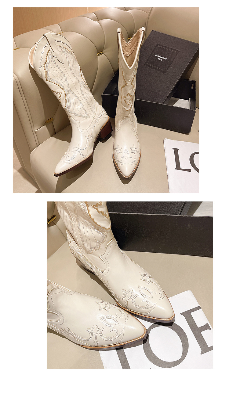 come4buy.com-女式白色民族风尖头骑士靴