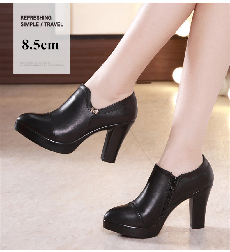come4buy.com-Chaussures en croûte de cuir noires pour femmes, talons hauts pour pieds fins