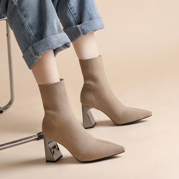come4buy.com-Botas de calcetín de tecidos elásticos de tacón cadrado para mulleres