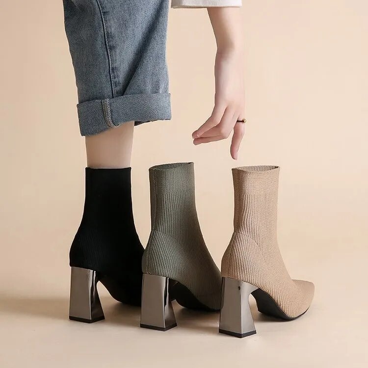 come4buy.com-Botas estilo calcetín de tejido elástico con tacón cuadrado para mujer