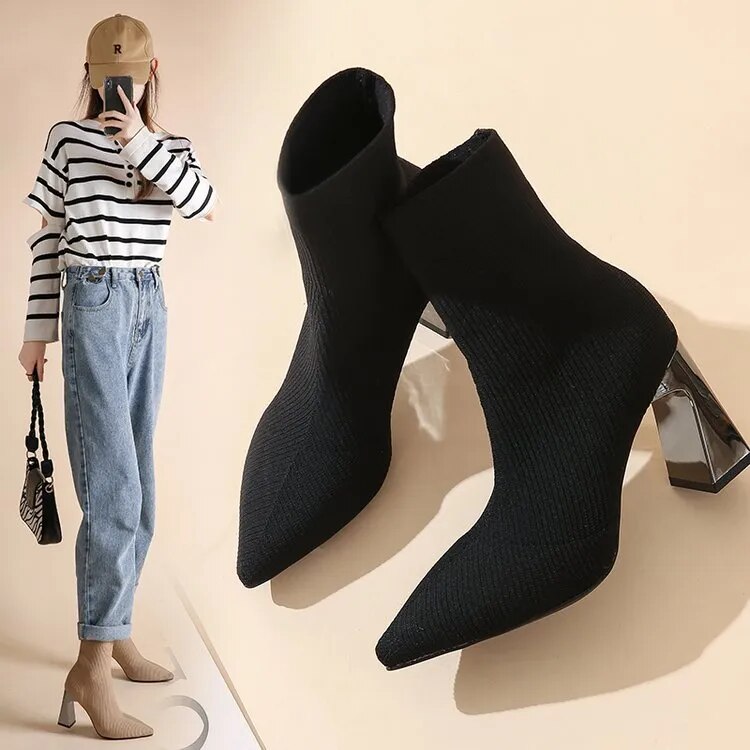 come4buy.com-Дамски ботуши с чорапи с квадратен ток и еластични тъкани