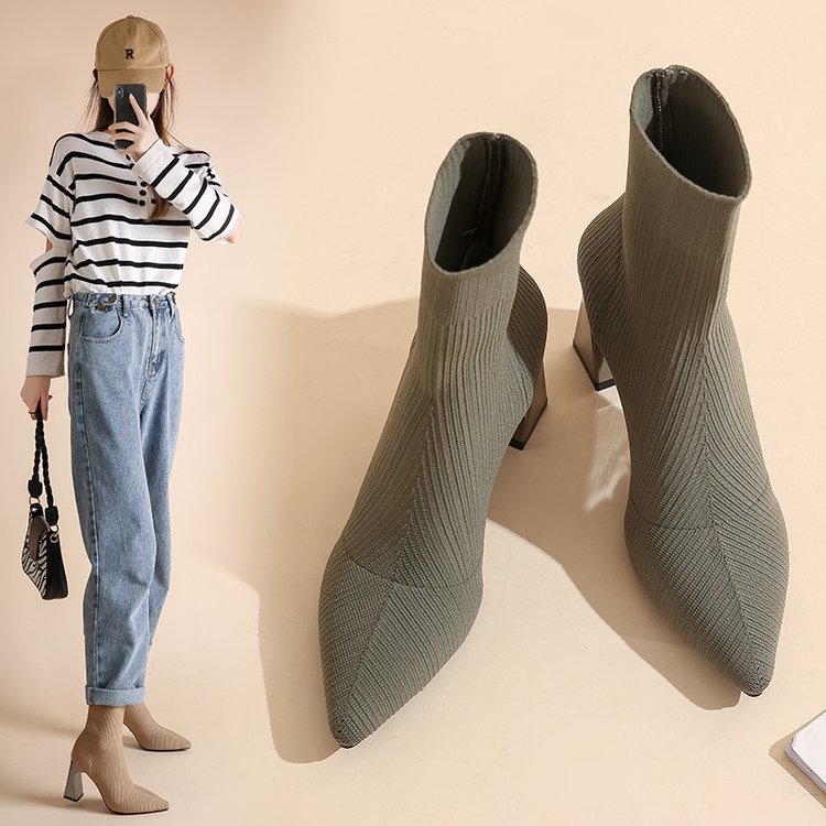 come4buy.com-Botas de calcetín de tecidos elásticos de tacón cadrado para mulleres