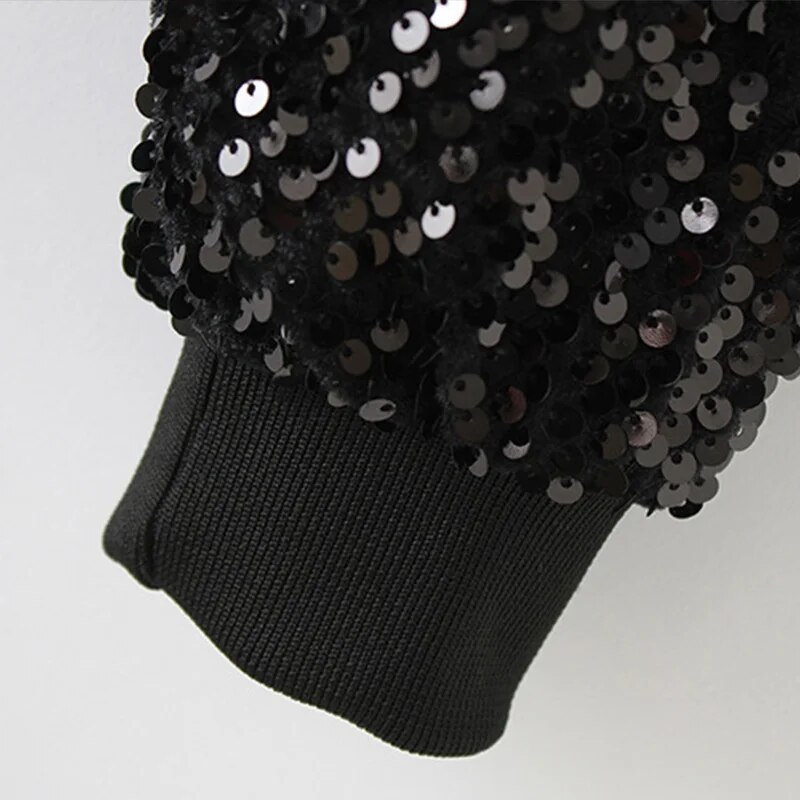 come4buy.com-Women Black Sequin Bomber Jacket Loose Stand Collar