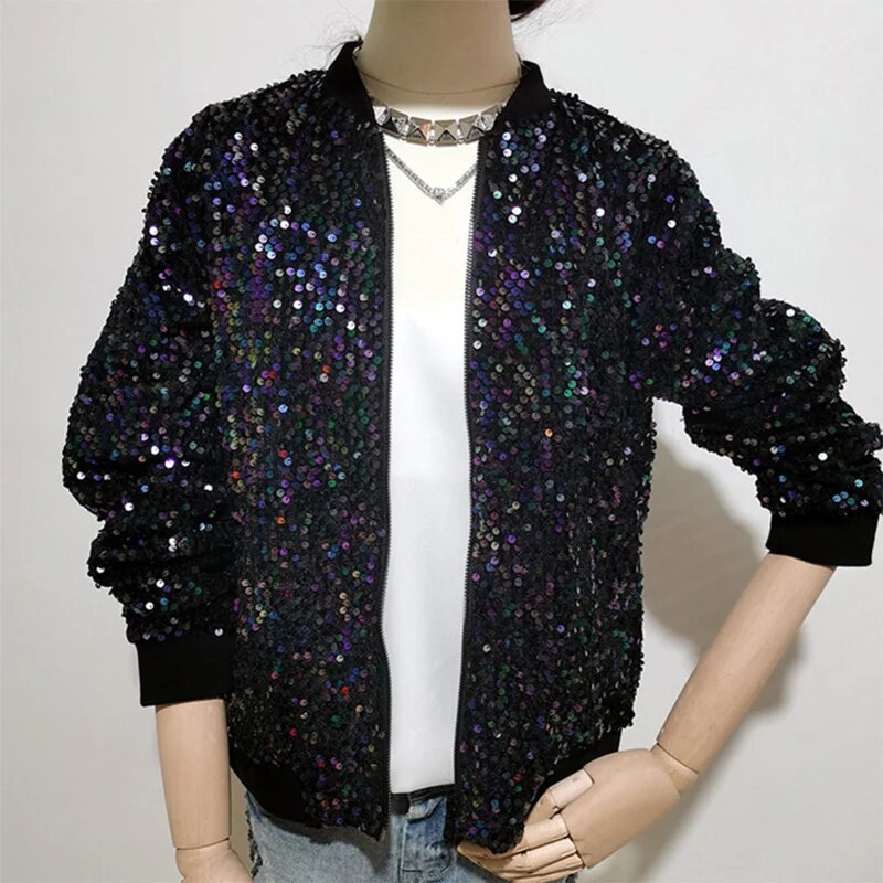 come4buy.com-Boireannaich Black Sequin Bomber Jacket Loose Stand Collar
