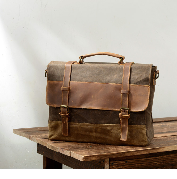 come4buy.com-Waterproof Oil Wax Canvas & Leather Briefcase for Men