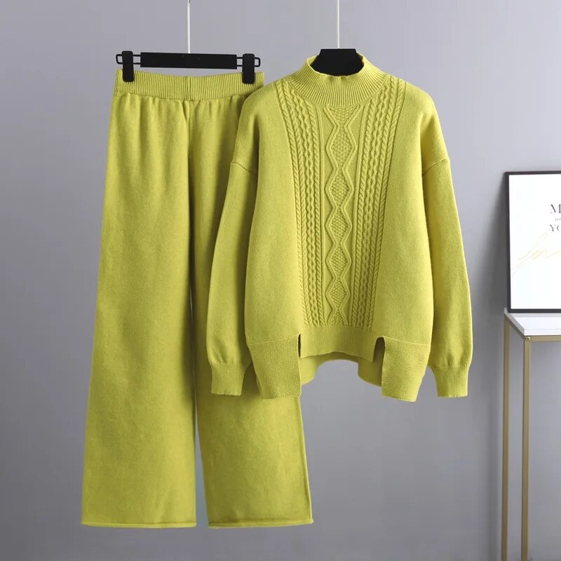come4buy.com-Cashmere Women Sweater Tracksuits Wide Leg Pant Suits