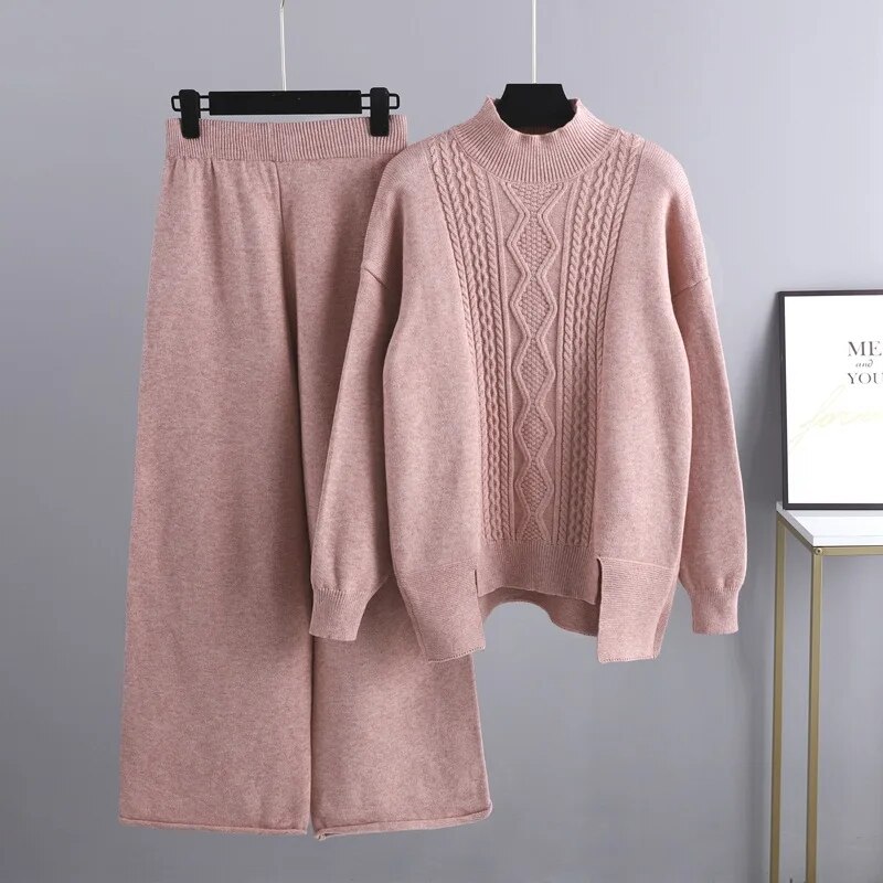 come4buy.com-Cashmere Women Sweater Tracksuits Wide Leg Pant Suits