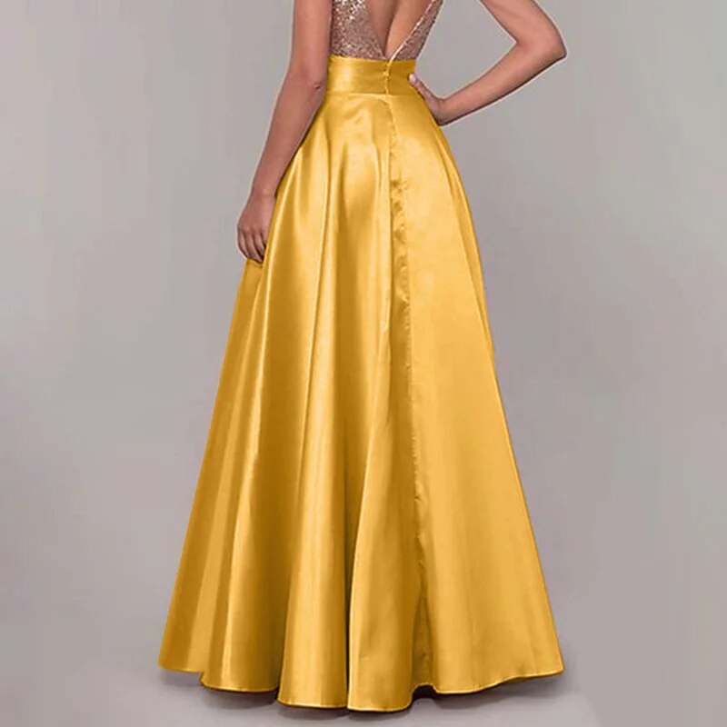 come4buy.com-Maxi Skirts Saia longa de satén de seda de cintura alta para mulleres