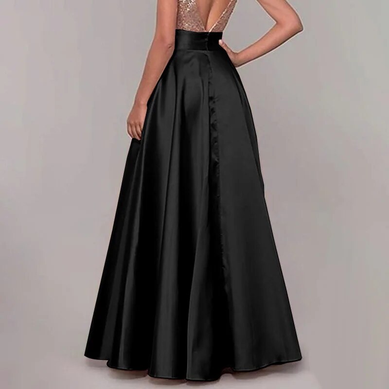 цоме4буи.цом-Маки сукње Женска дугачка свилена сатенска сукња високог струка