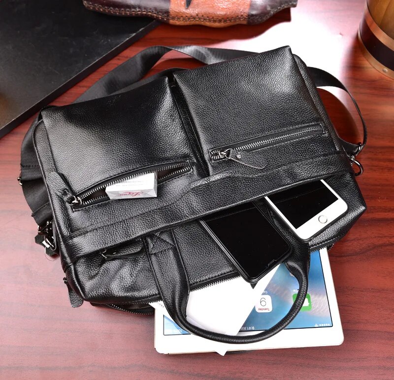 come4buy.com-Business Briefcases Men Cowhide Leather Fit 14'' Bag Laptop
