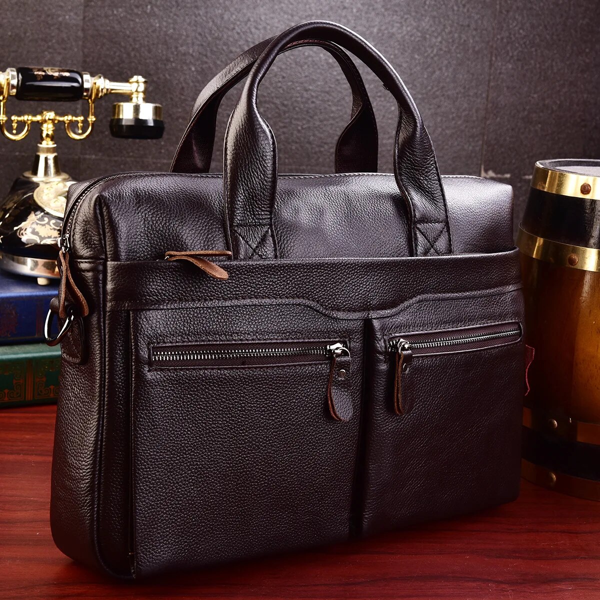 come4buy.com-Business Briefcases Men Cowhide Leather Fit 14'' லேப்டாப் பேக்