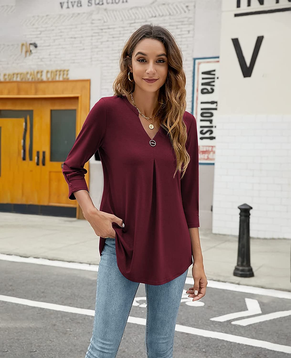 Come4Buy-eShop come4buy.com-Women T-shirt V Neck 3/4 Sleeve Tops Blouse